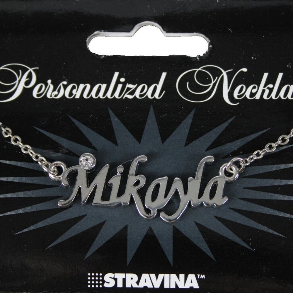 MIKAYLA Name Silvertone Rhinestone 14.5" w 4.5" Multi Ring Extender Necklace